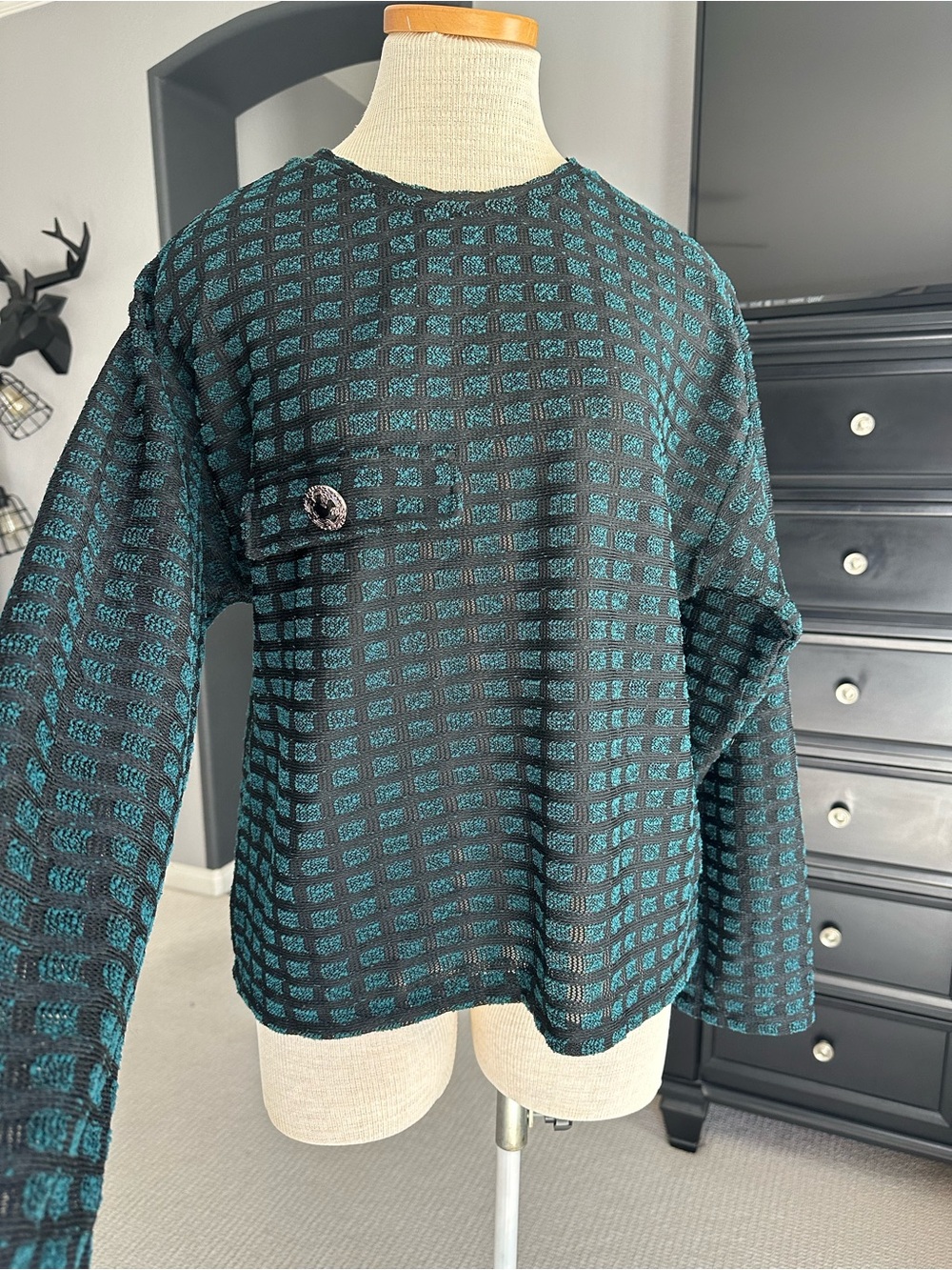 Zara Top Teal and Black Grid Knit Crewneck size large